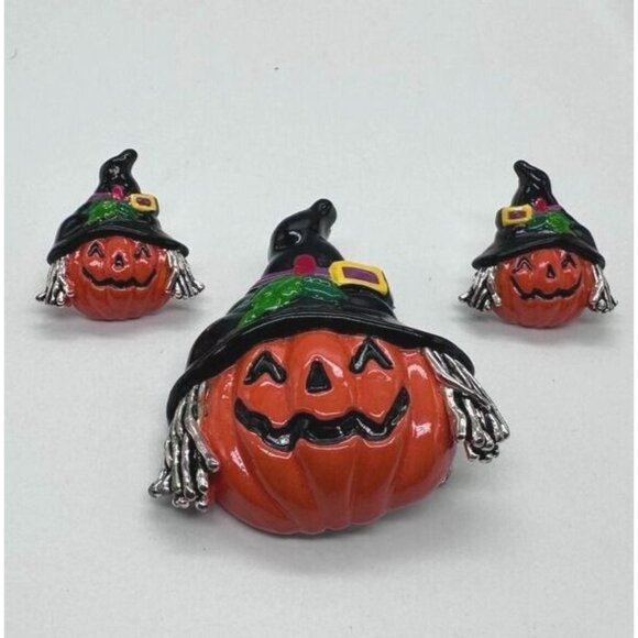 BEST Jack O Lantern Pumpkin Brooch Pierced Earrings Set Enamel Halloween Witch - Picture 1 of 14